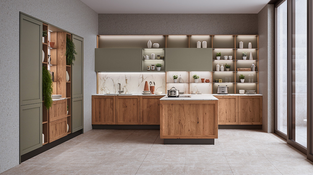 Warm wood Veneta kitchen with living plants, marble backsplash and open shelving