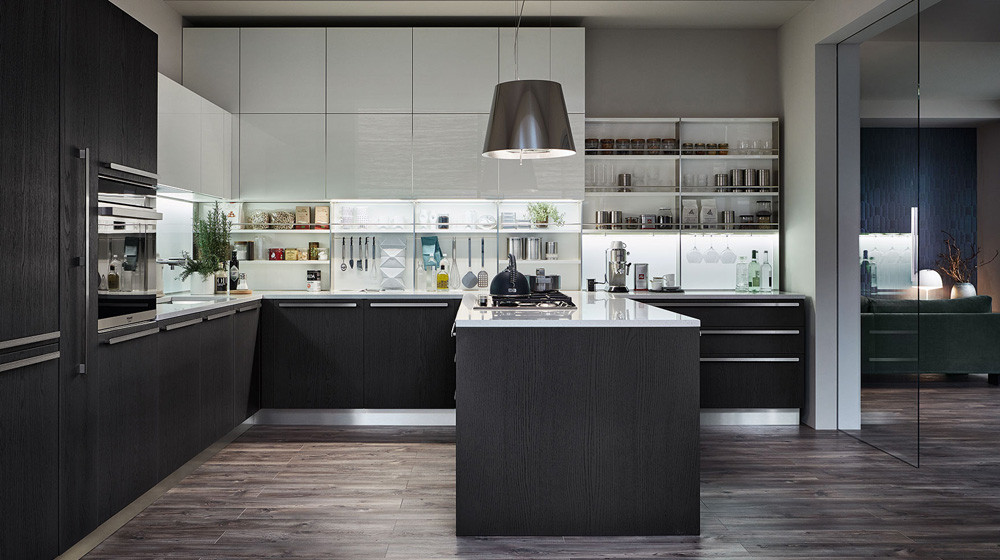 Dark matte luxury Veneta kitchen with dramatic lighting and premium finishes