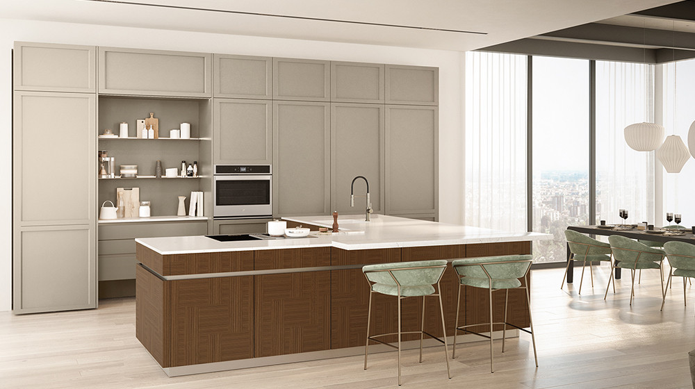 Veneta Cucine kitchen with a central island and a full wall of tall cabinets in an open-plan room