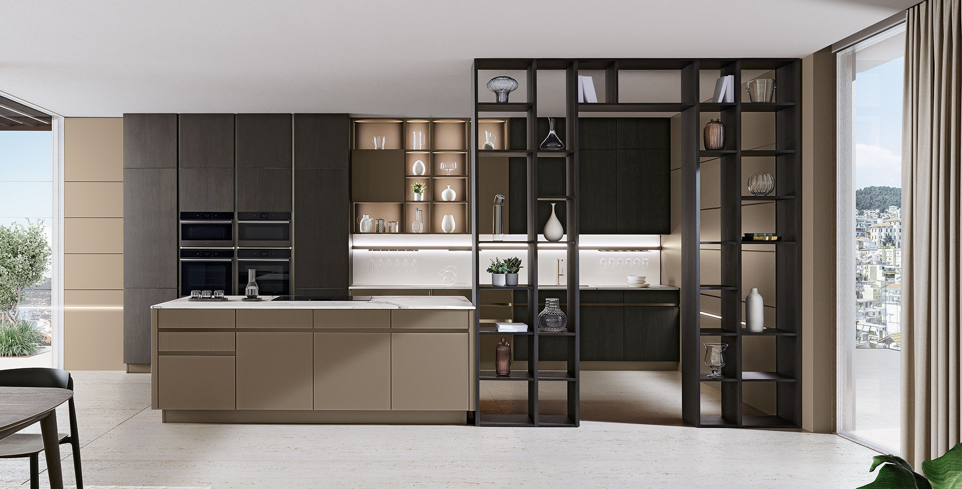 Modern Veneta Cucine kitchen in dark tones with a glass-framed shelving divider and a warm wood island